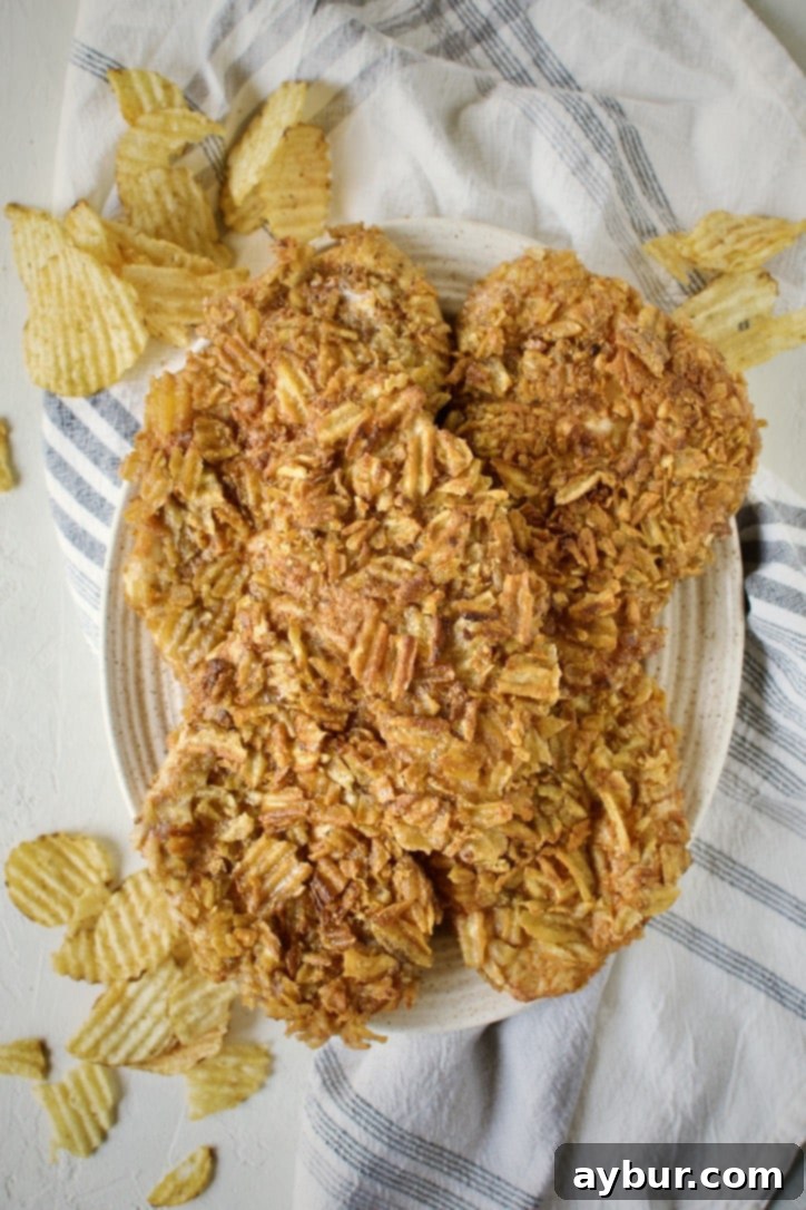 Chip-Crusted Chicken 2 Potato Chip Chicken on a platter, ready to eat.