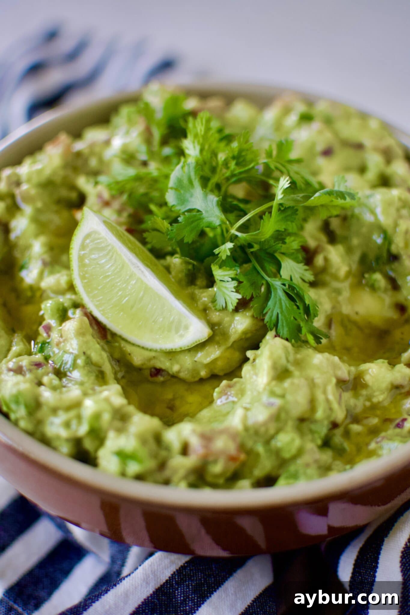 Mexican Guacamole Recipe in a bowl, garnished with a lime wedge, baby cilantro sprigs, and a drizzle of olive oil, ready for serving.