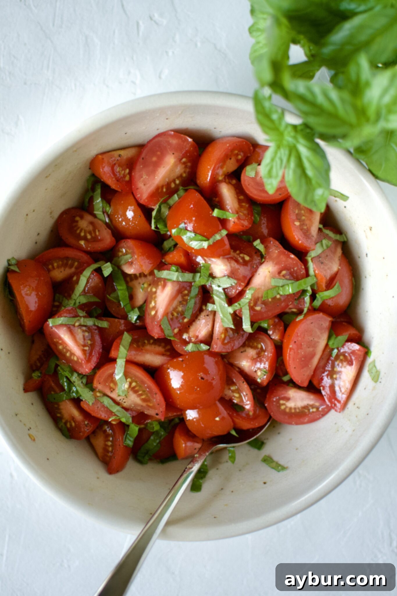 Fresh Tomato Feta Medley 6 Close-up of tomatoes gently tossed with olive oil, seasonings, vinegar, and basil, marinating in a bowl.