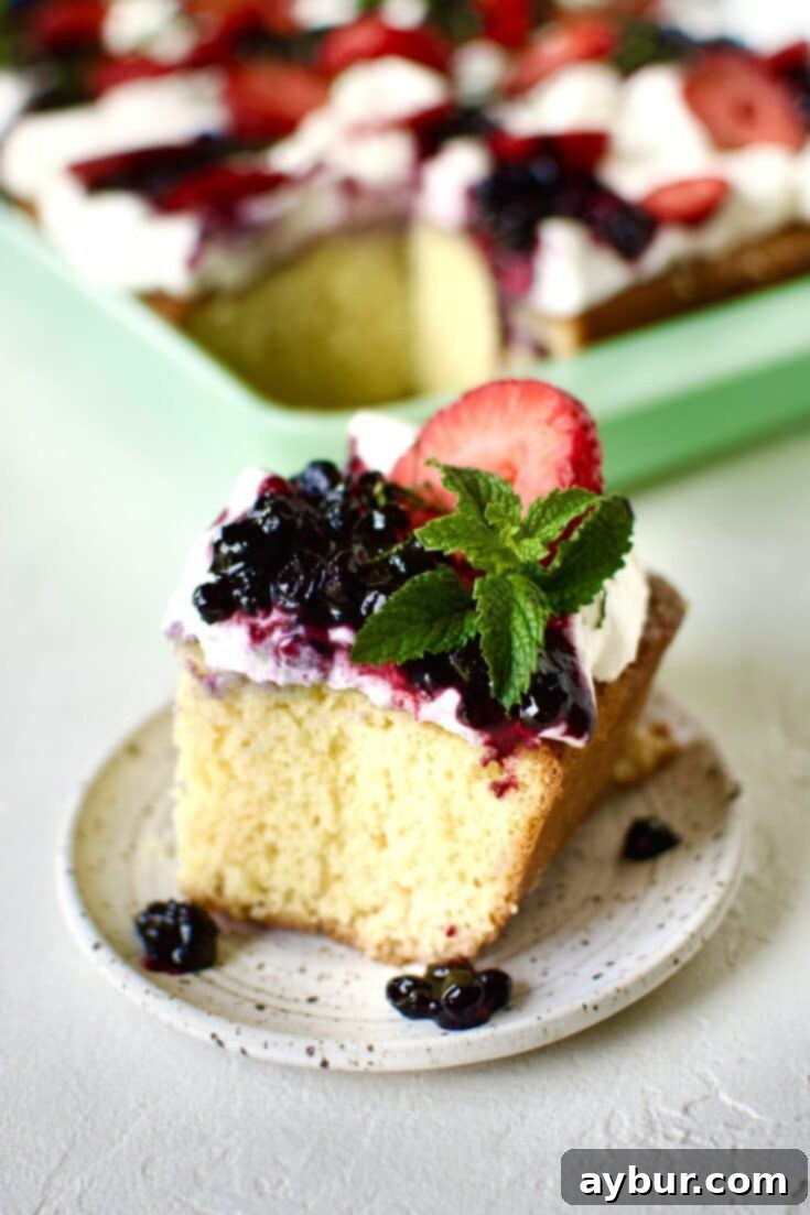 Effortless Tres Leches Cake 18 A beautiful, moist slice of Easy Tres Leches Cake on a plate, topped with blueberry jam, strawberries, and mint.