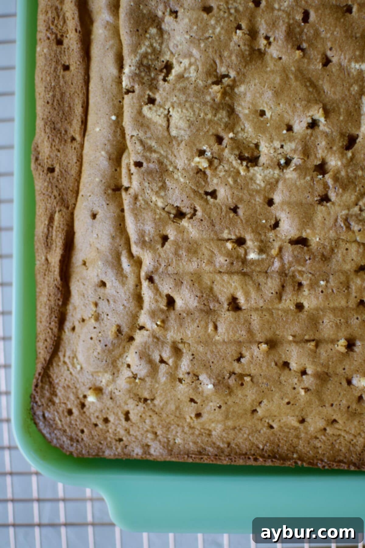 Effortless Tres Leches Cake 8 Freshly baked Tres Leches cake cooling on a wire rack, showing numerous holes poked for milk absorption.