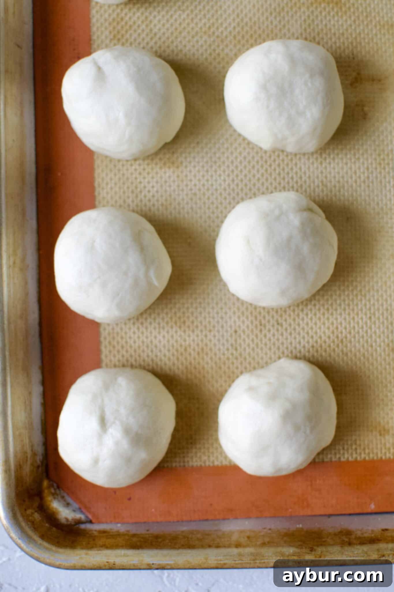 Evenly portioned balls of tortilla dough resting on a tray, covered to prevent drying before rolling.