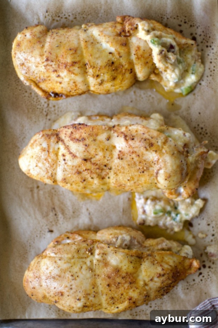 Jalapeño Popper Stuffed Chicken 11 Stuffed Chicken Breast with Cheese after initial baking, twine removed.