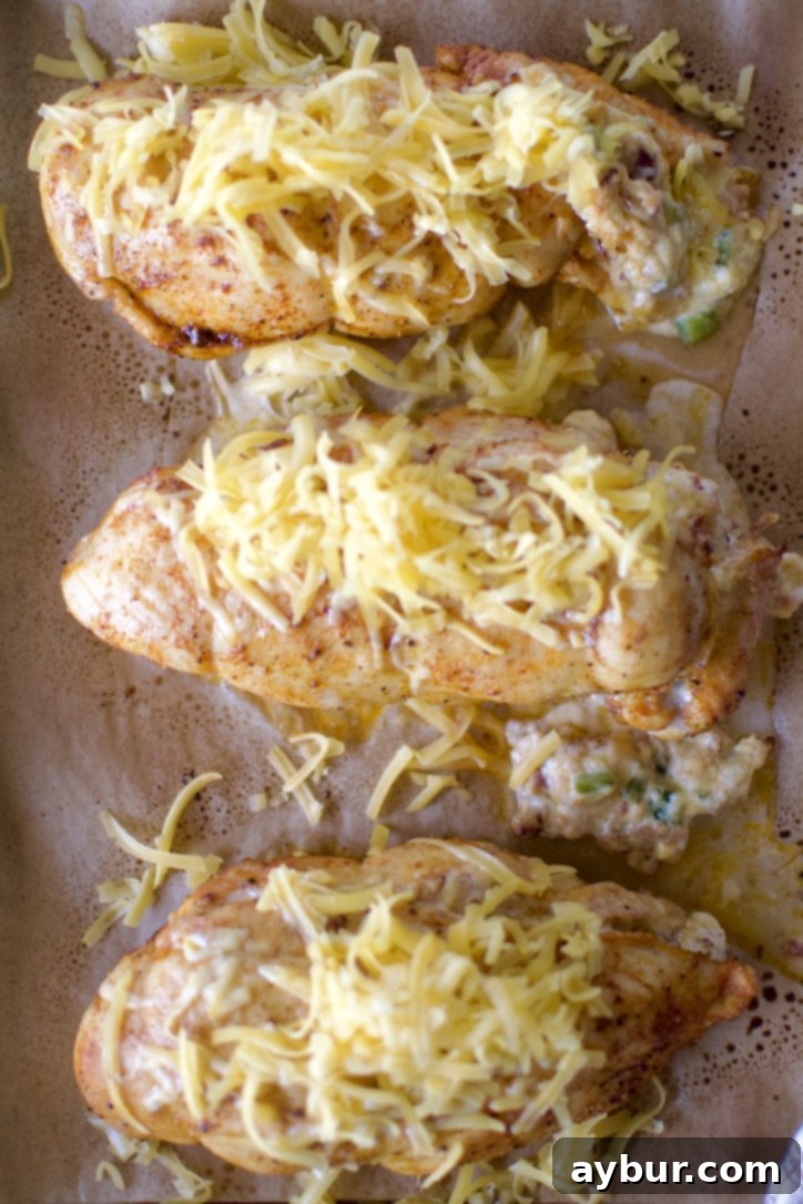 Jalapeño Popper Stuffed Chicken 12 Stuffed Chicken Breast with Cheese after initial baking, twine removed and topped with cheese, before broiling.