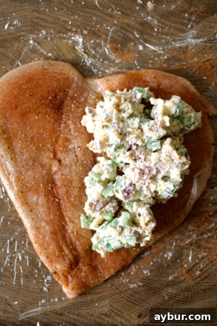 Jalapeño Popper Stuffed Chicken 9 Adding the filling to a split, tenderized, and seasoned, chicken breast.