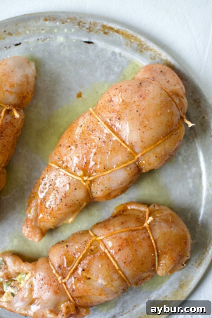 Jalapeño Popper Stuffed Chicken 10 Stuffed Chicken Breast with Cheese before baking, closed up with twine.