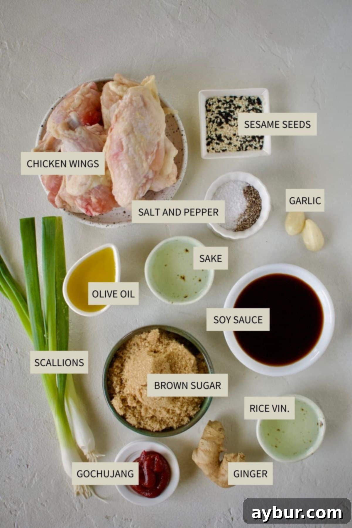 A vibrant display of fresh ingredients, including chicken wings, soy sauce, Gochujang, and aromatics, laid out for Teriyaki Chicken Wings preparation.