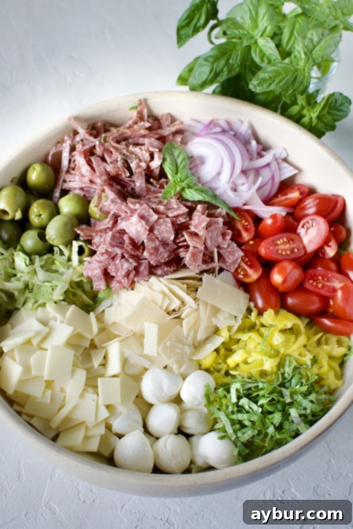 All ingredients for Italian Chopped Salad in a large bowl.