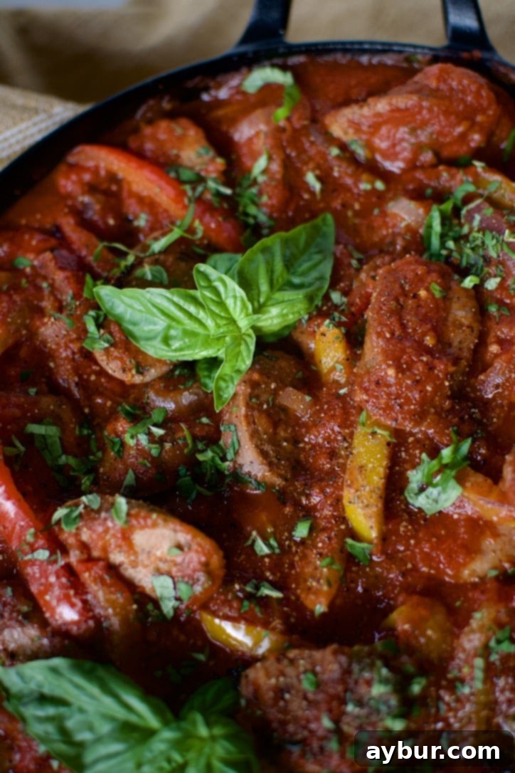 Italian Sausage and Peppers Recipe in the skillet ready to eat.
