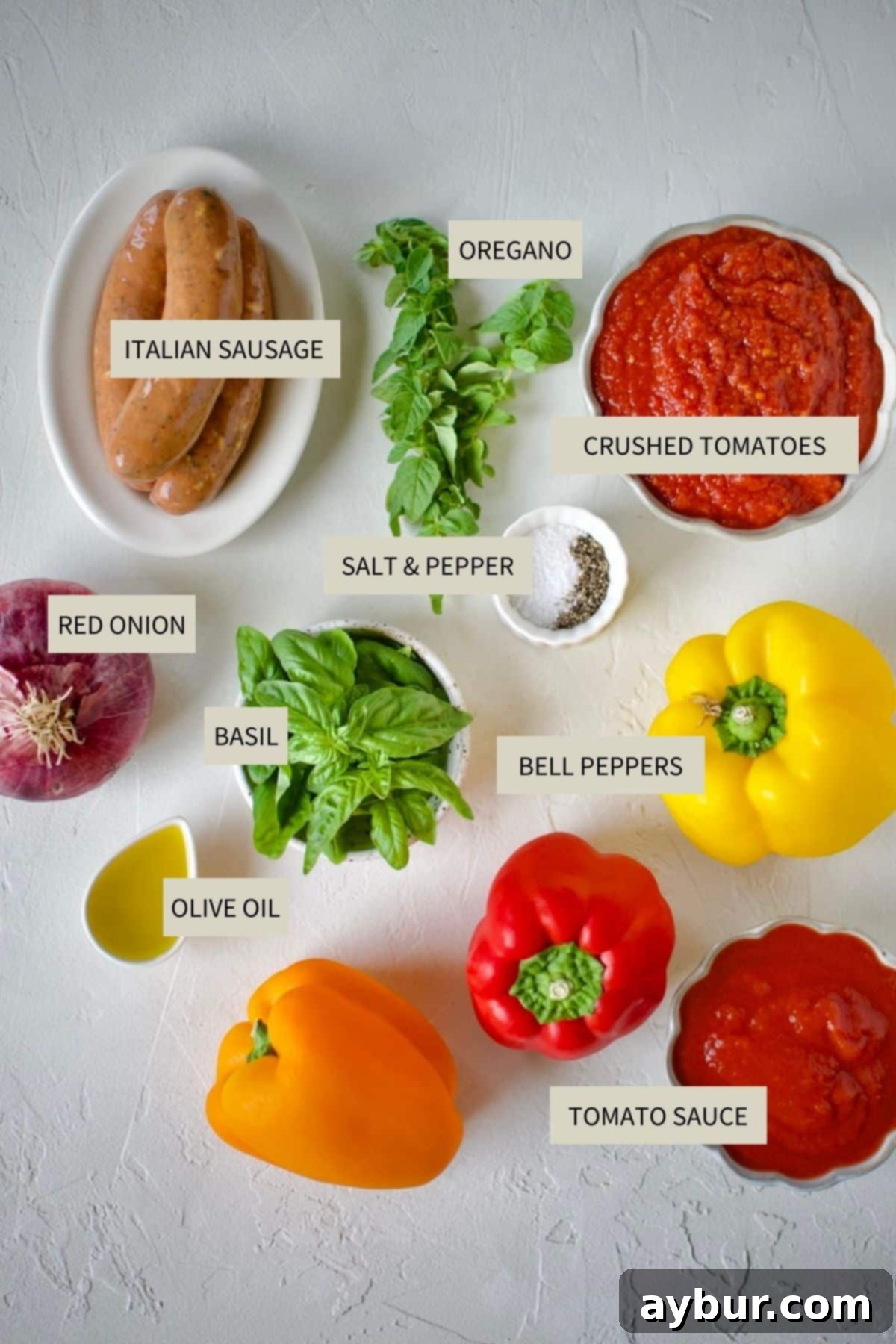 Ingredients needed to make Italian Sausage and Peppers Recipe.