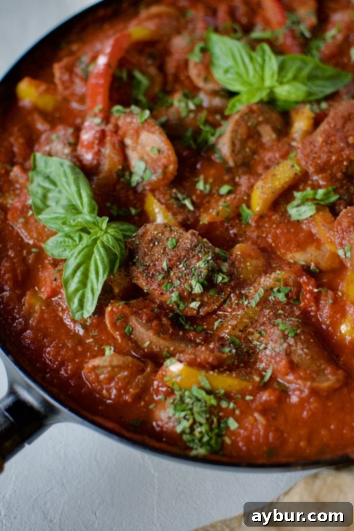 Italian Sausage and Peppers Recipe in the skillet ready to eat.