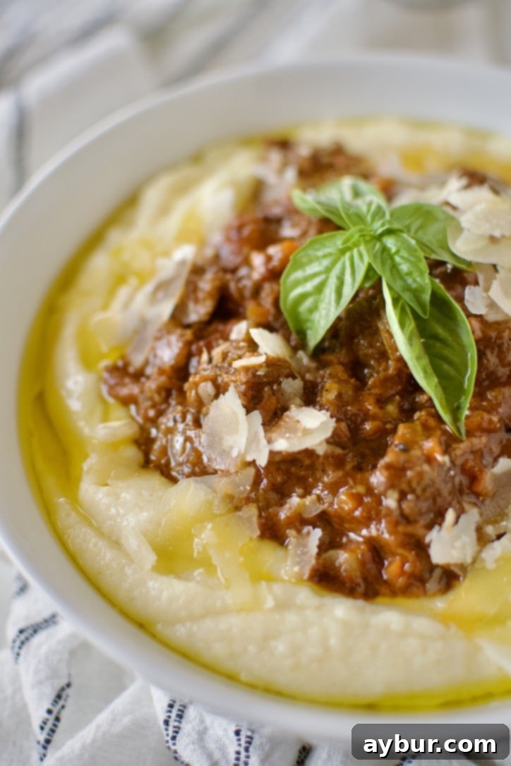 Short Rib Bolognese generously served over creamy polenta, topped with shaved Parmesan cheese and fresh basil leaves.