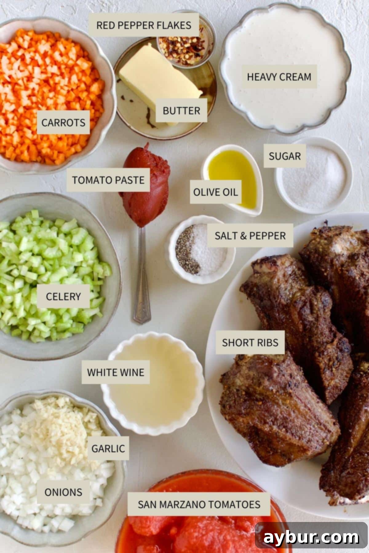 Fresh ingredients laid out for making Short Rib Bolognese, including short ribs, vegetables, and canned San Marzano tomatoes.