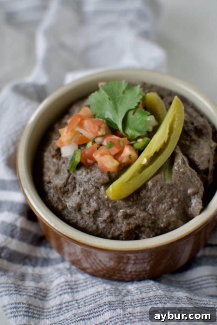 Easy Creamy Black Bean Dip 8 Black Bean Dip in a bowl, topped with pico de gallo, cilantro, and a slice of jalapeno.