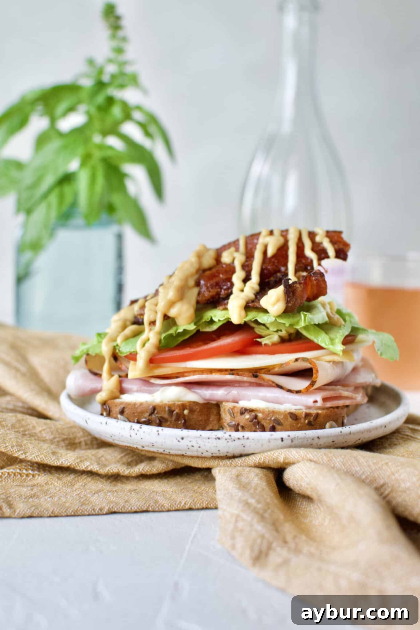 A drizzle of sweet and tangy honey mustard sauce completes the flavorful layers of the Club Sandwich.