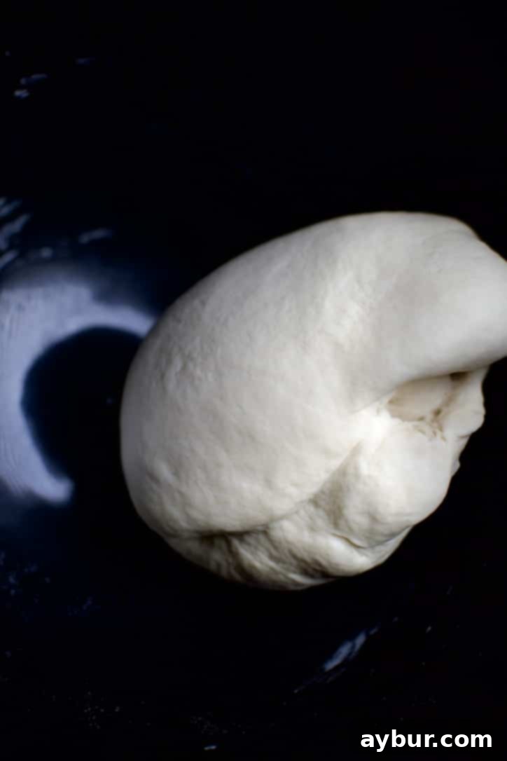 Perfectly kneaded pizza dough, smooth and cohesive, resting in the stand mixer bowl after mixing, ready for proofing.