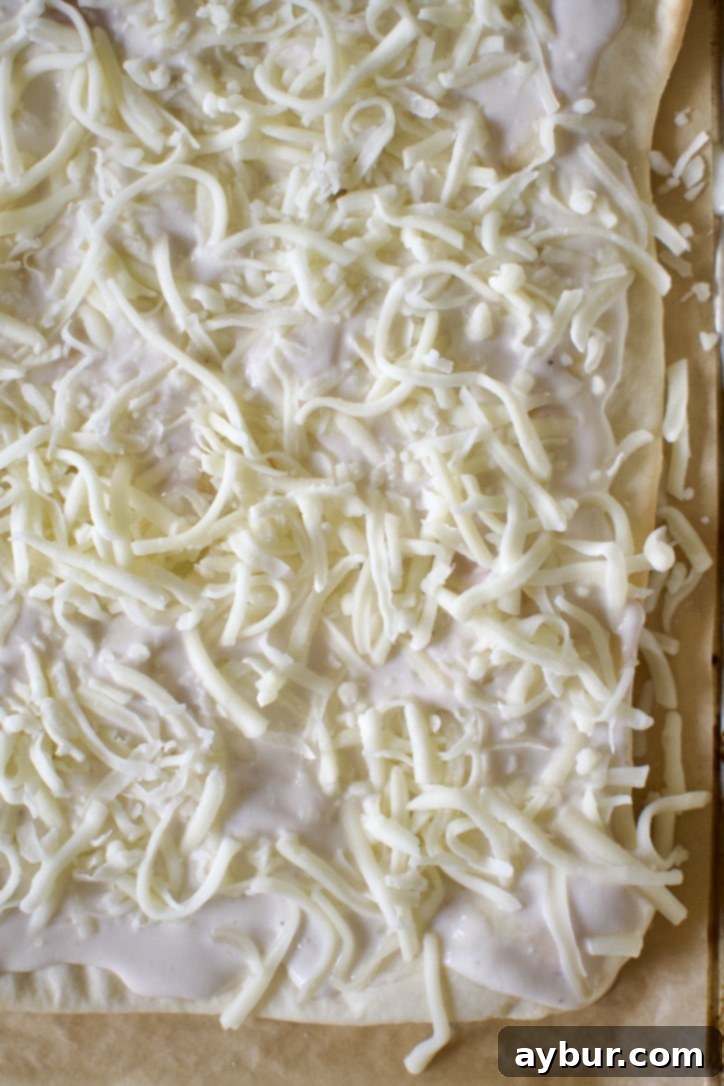 Creamy Garlic White Pizza 6 Pizza crust with white sauce, topped with shredded mozzarella cheese.