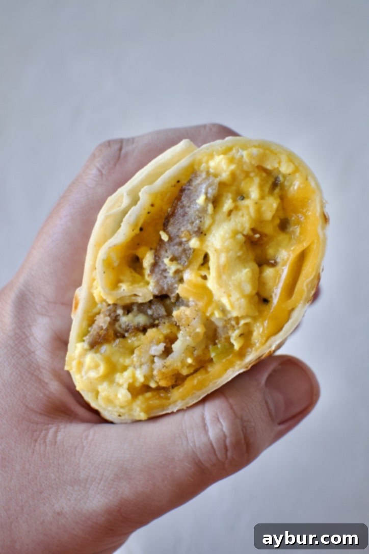 Half a breakfast burrito in hand ready to eat.