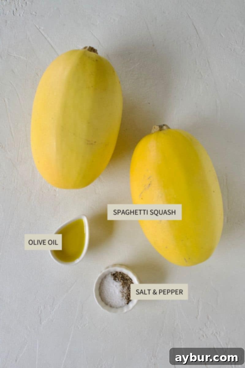 Essential ingredients laid out for roasting spaghetti squash: a whole spaghetti squash, a bottle of olive oil, and shakers of salt and pepper.