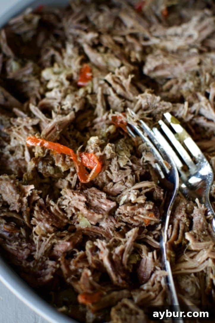 Shredded Italian Beef placed next to the pot before adding it back to the flavorful juices.