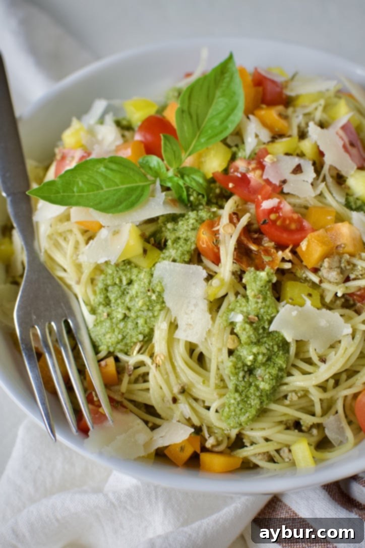 Pesto Spaghetti in a bowl, ready to eat.