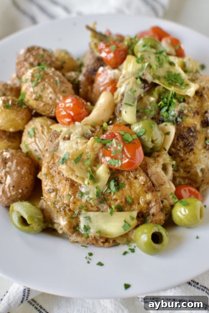 Mediterranean Herb Roasted Chicken 7 Chicken Provencal served elegantly over a bed of roasted potatoes, with a generous portion of the rich sauce, olives, and vegetables spooned over.