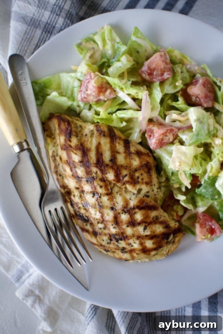 Marinated chicken that has been grilled, served on a plate with a summer side salad.