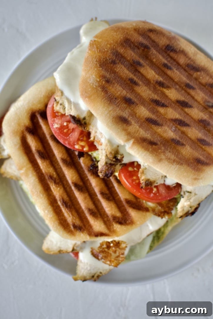 Another view of the beautifully grilled Pesto Chicken Panini, highlighting its appetizing texture and vibrant components, waiting to be served as a delicious meal.