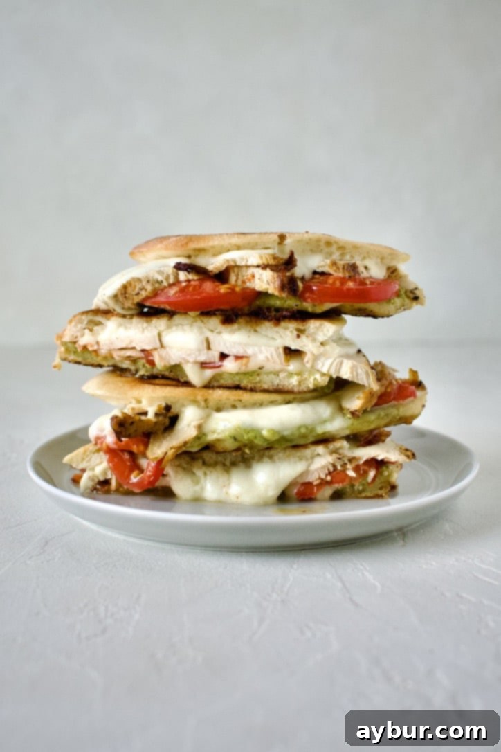 Close-up of a freshly grilled Pesto Chicken Panini, expertly sliced in half to reveal the rich layers of melted mozzarella and provolone, tender chicken, and vibrant pesto, ready for serving.