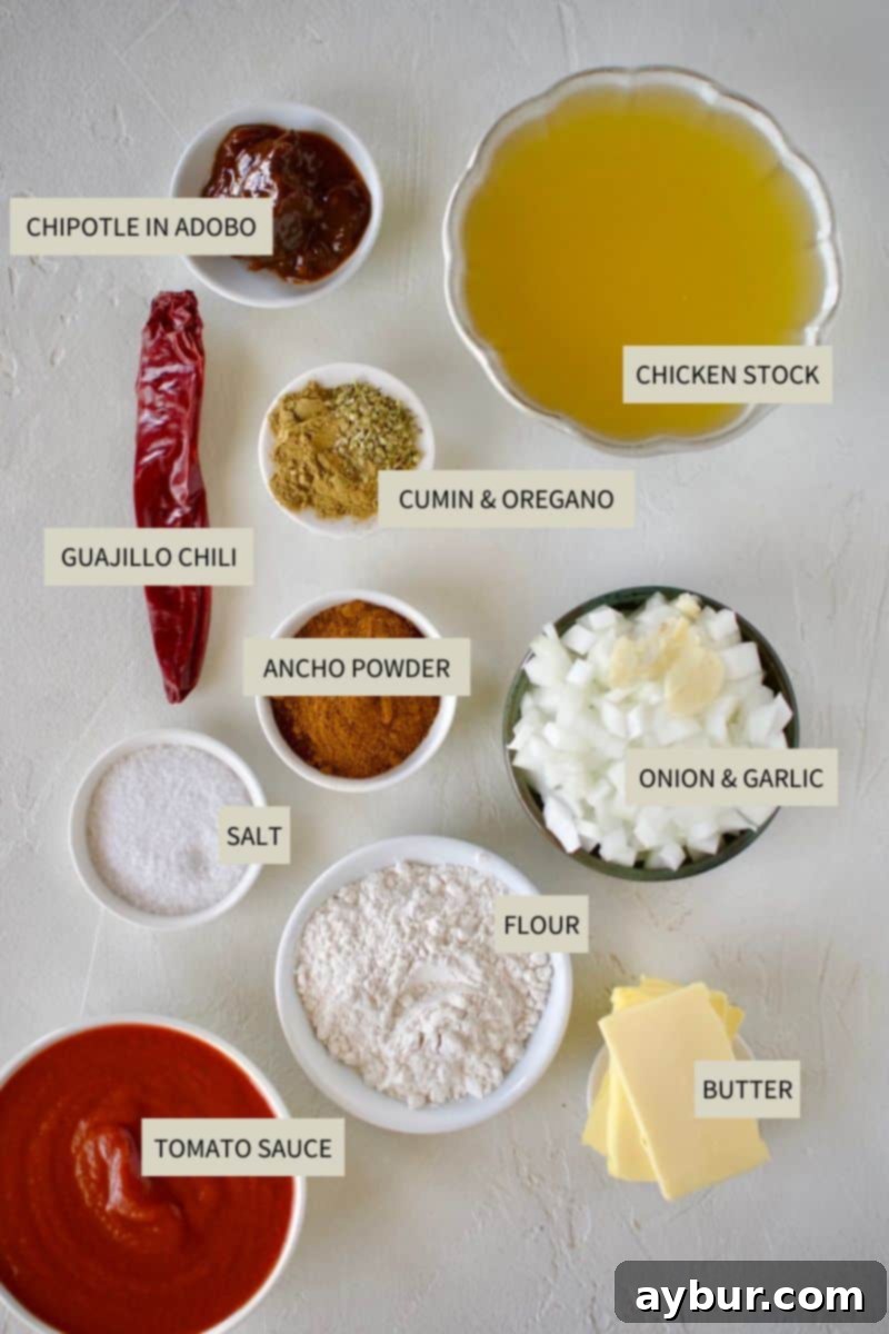 Homemade Red Enchilada Sauce 3 A selection of fresh ingredients including onions, garlic, various chili powders, and tomato sauce, neatly laid out on a kitchen surface, ready for making red enchilada sauce.