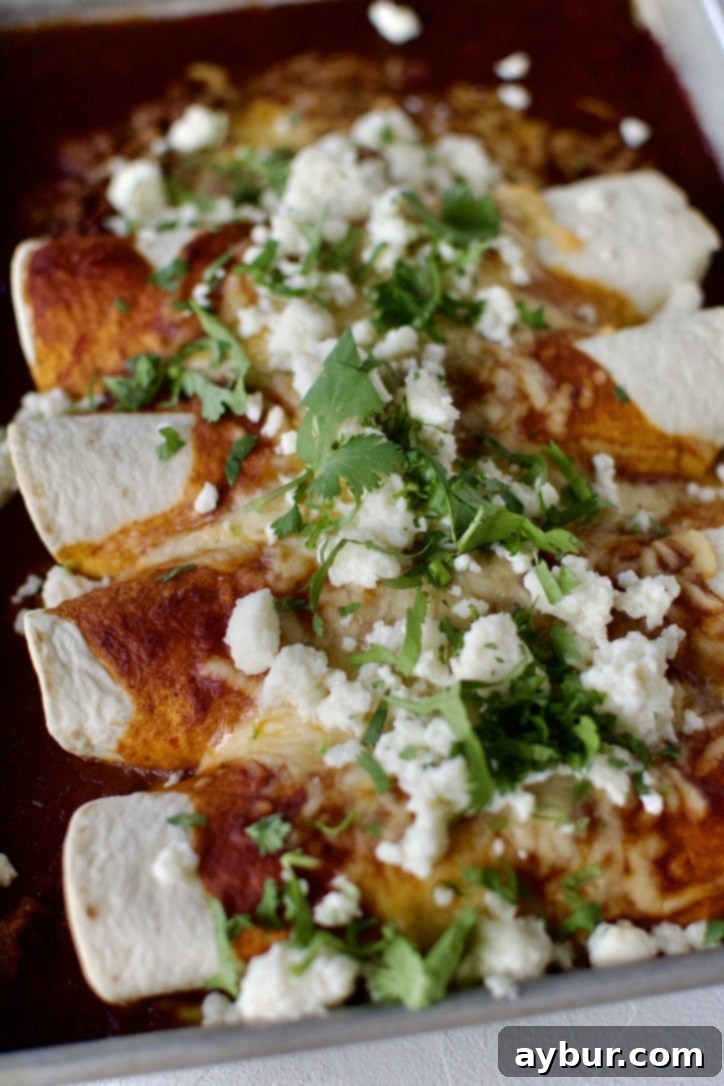 A close-up shot of baked Ground Beef Enchiladas, topped with crumbled queso fresco and fresh green cilantro, showcasing the melted cheese and rich red sauce.