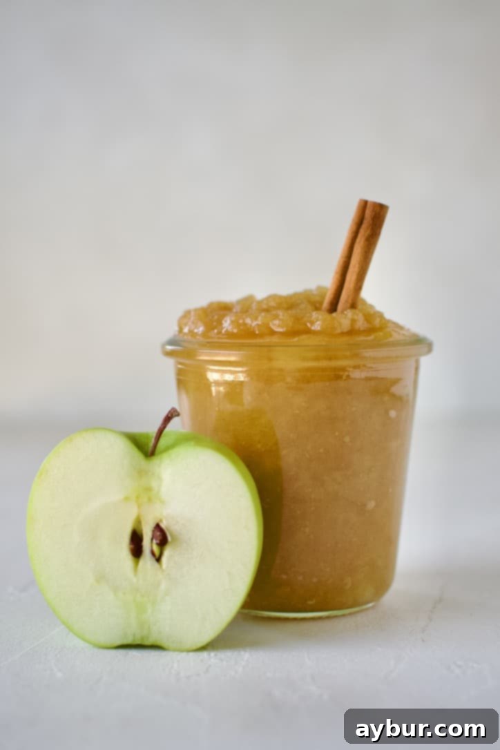 A glass jar filled with freshly made homemade apple sauce, ready for storage or immediate enjoyment.