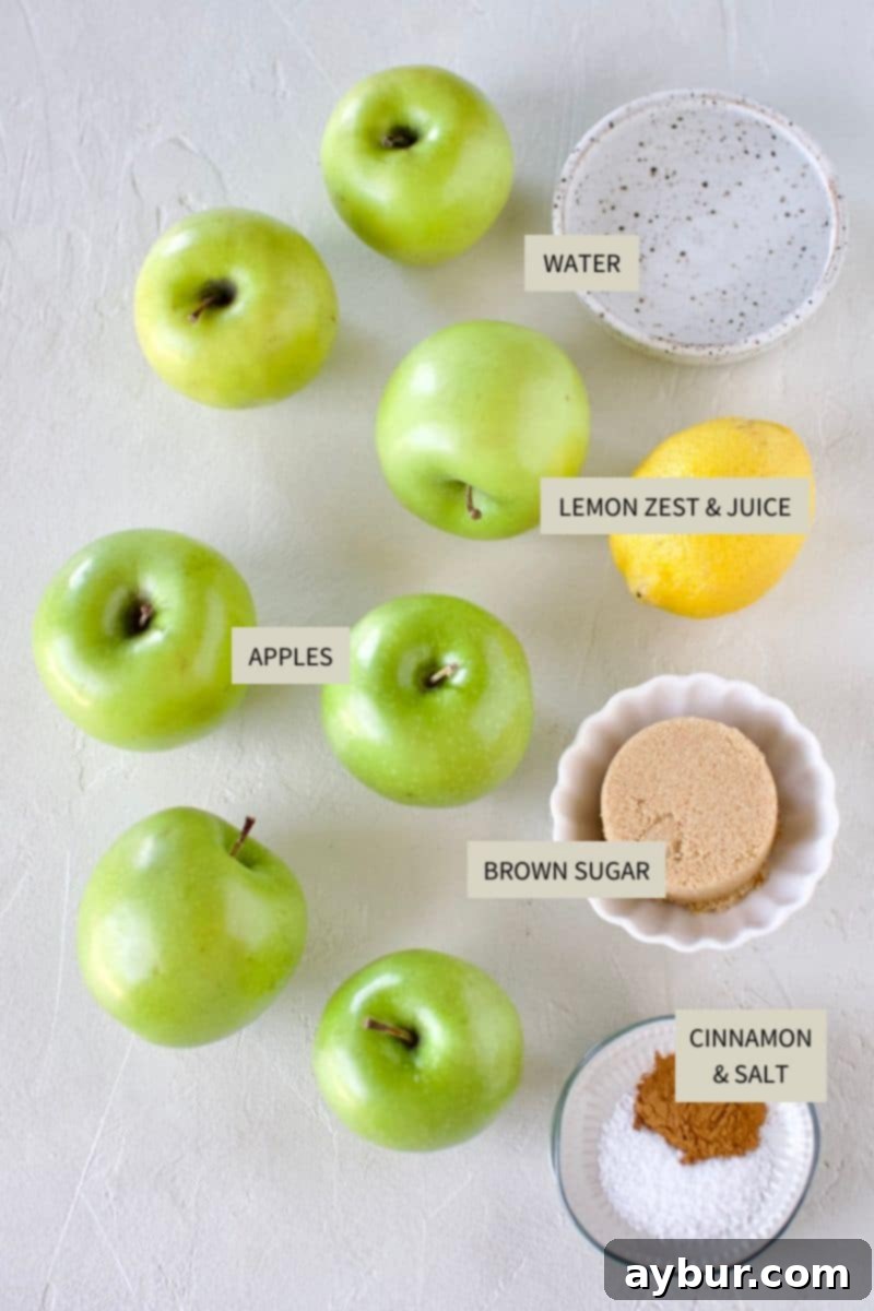 A collection of fresh ingredients laid out, including diced apples, a lemon, cinnamon, and sugar, all ready for making homemade applesauce.