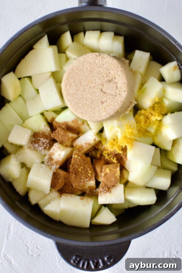 All the diced apples and other ingredients for easy applesauce are placed in a pot, ready for cooking.
