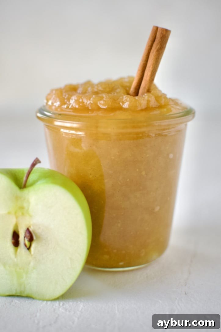 Freshly made homemade apple sauce elegantly presented in a glass jar, perfect for saving or enjoying.
