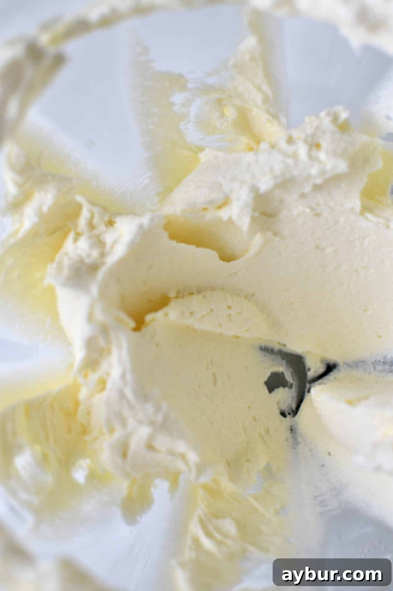 Creamy, pale yellow butter and granulated sugar mixed together in a stand mixer bowl.