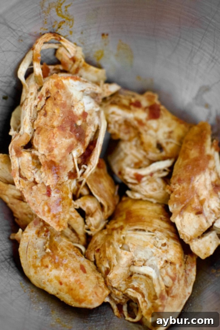 Cooked Mexican chicken in the Instant Pot, showing its tender texture before shredding.