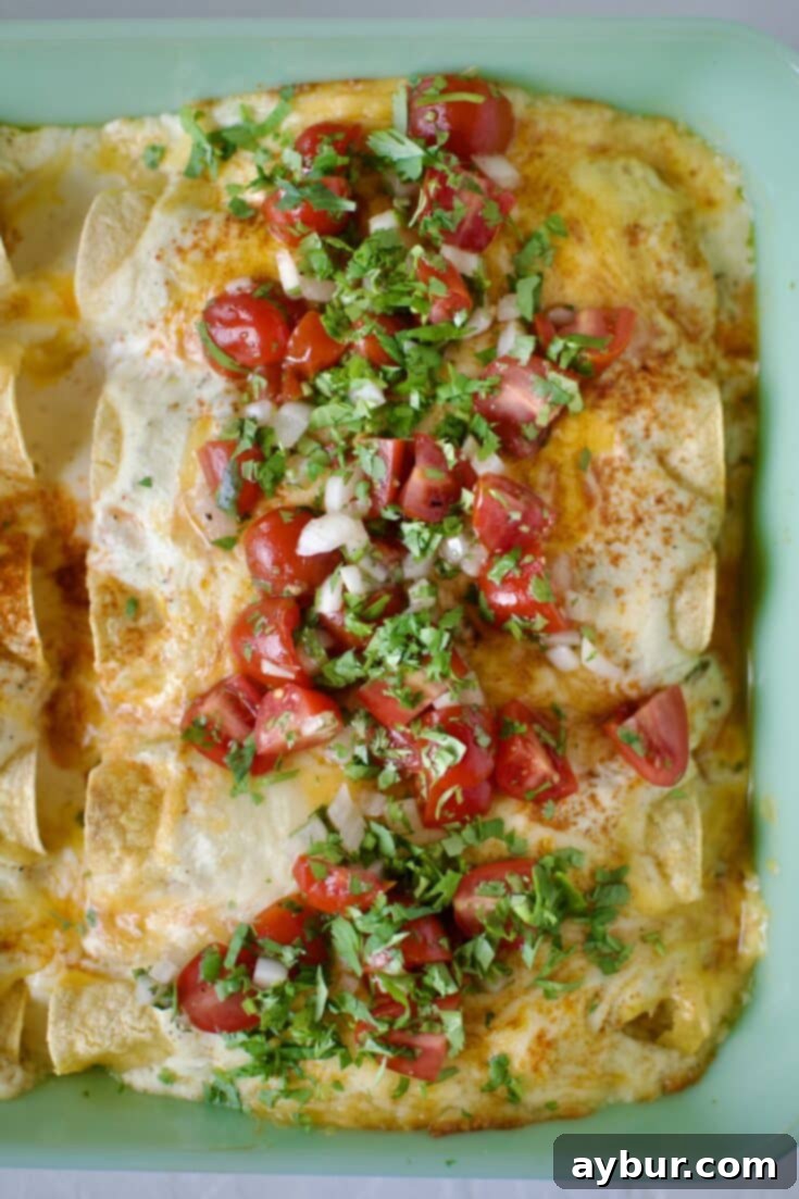 Chicken Enchiladas with Sour Cream Sauce after baking and topped with pico de gallo and cilantro.