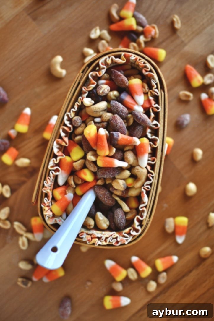 A close-up of the delicious candy corn and peanuts snack mix, showing the variety of ingredients.