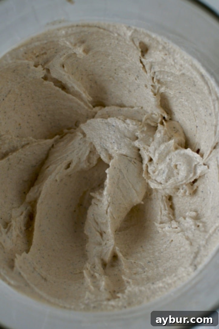 Creamed brown butter and sugars in a stand mixer bowl, light and fluffy.