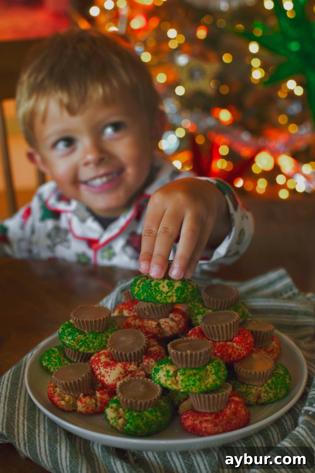 Little G about to steal a Peanut Butter Cup Cookie off the serving plate.