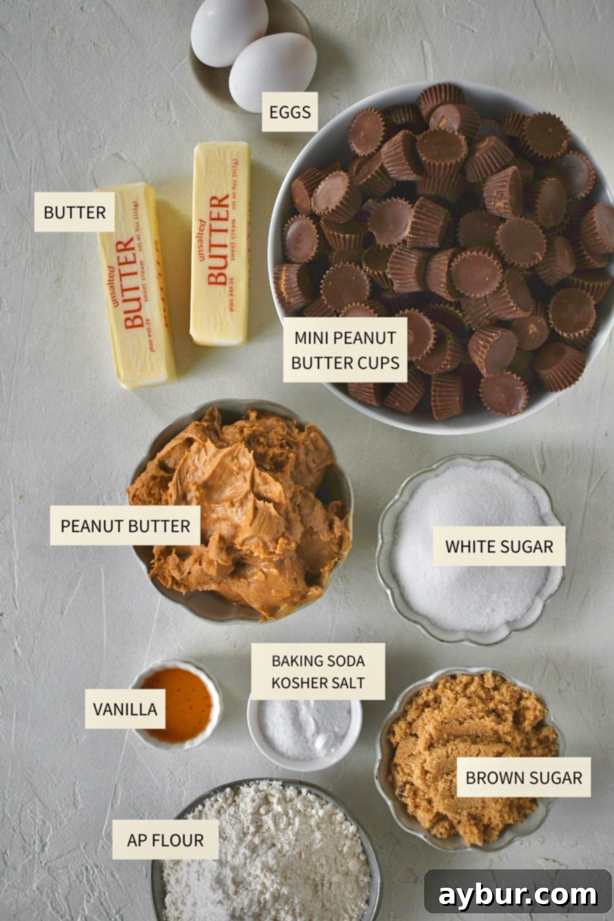 Ingredients needed to make Peanut Butter Cup Cookies.