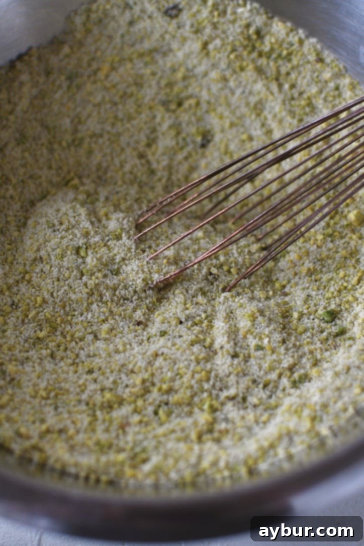 A bowl containing a mixture of pistachio flour, almond flour, and granulated sugar, lightly whisked together for even distribution.