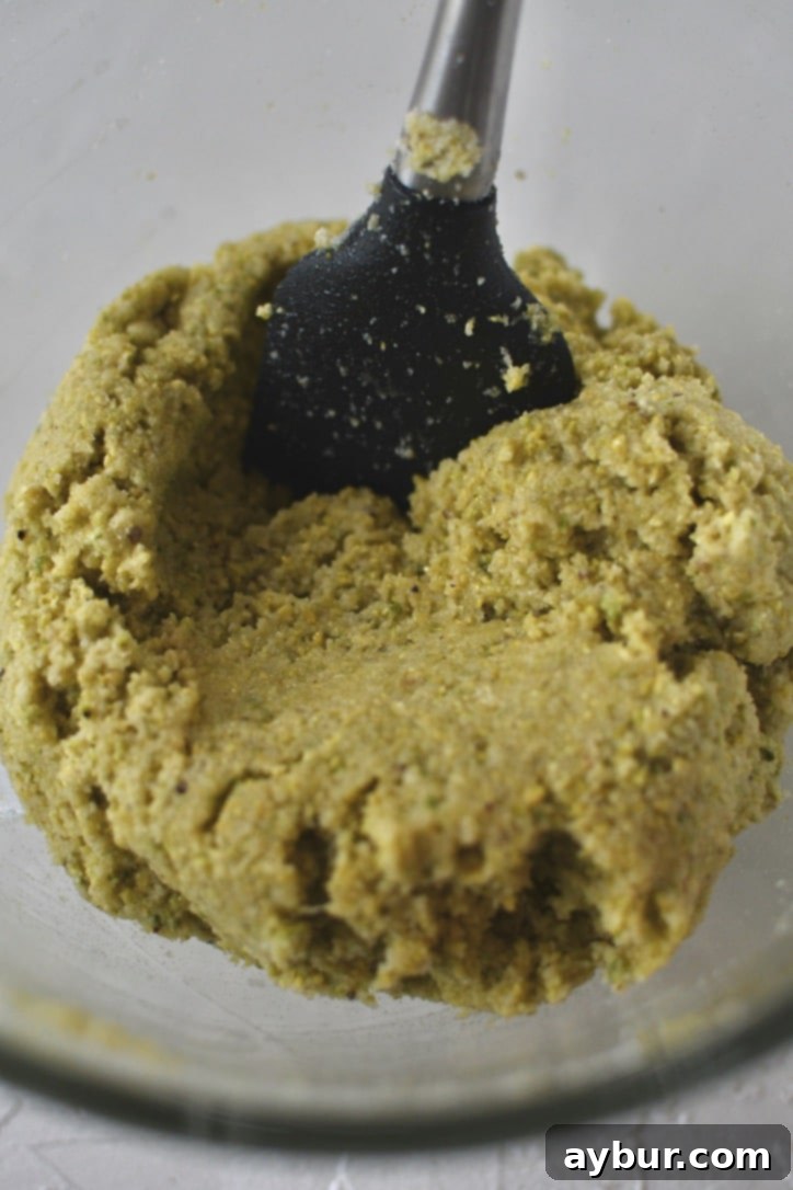 The fully mixed Pistachio Amaretti cookie dough, showing a consistent and slightly tacky texture.