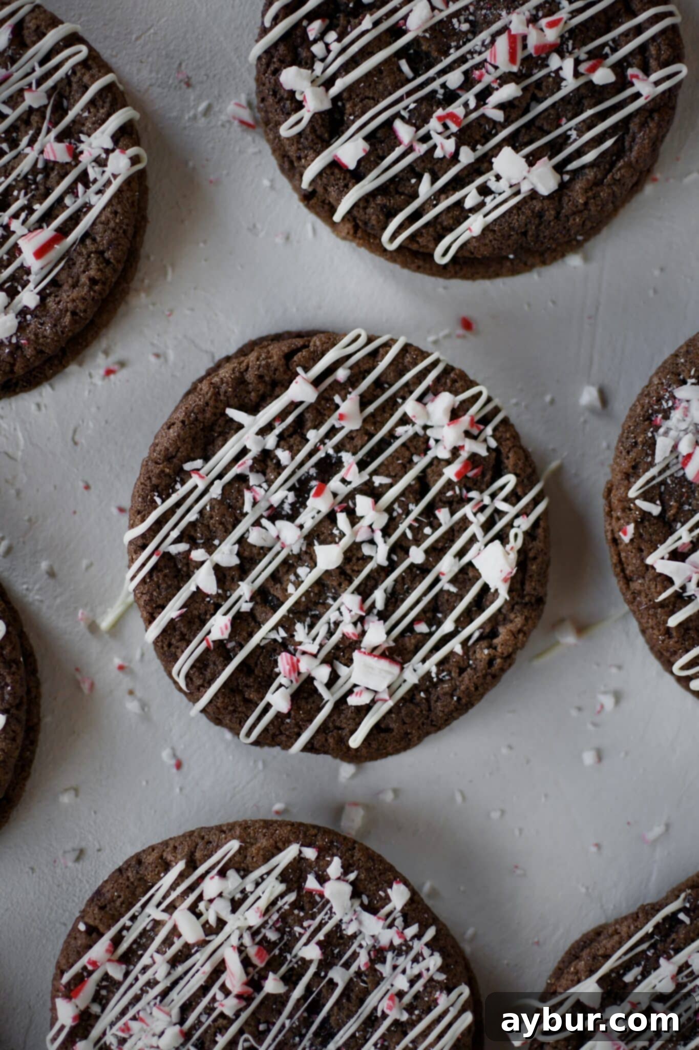 Peppermint Chocolate Delights 13 Finished chocolate peppermint cookies topped with crushed candy cane pieces for a festive touch.