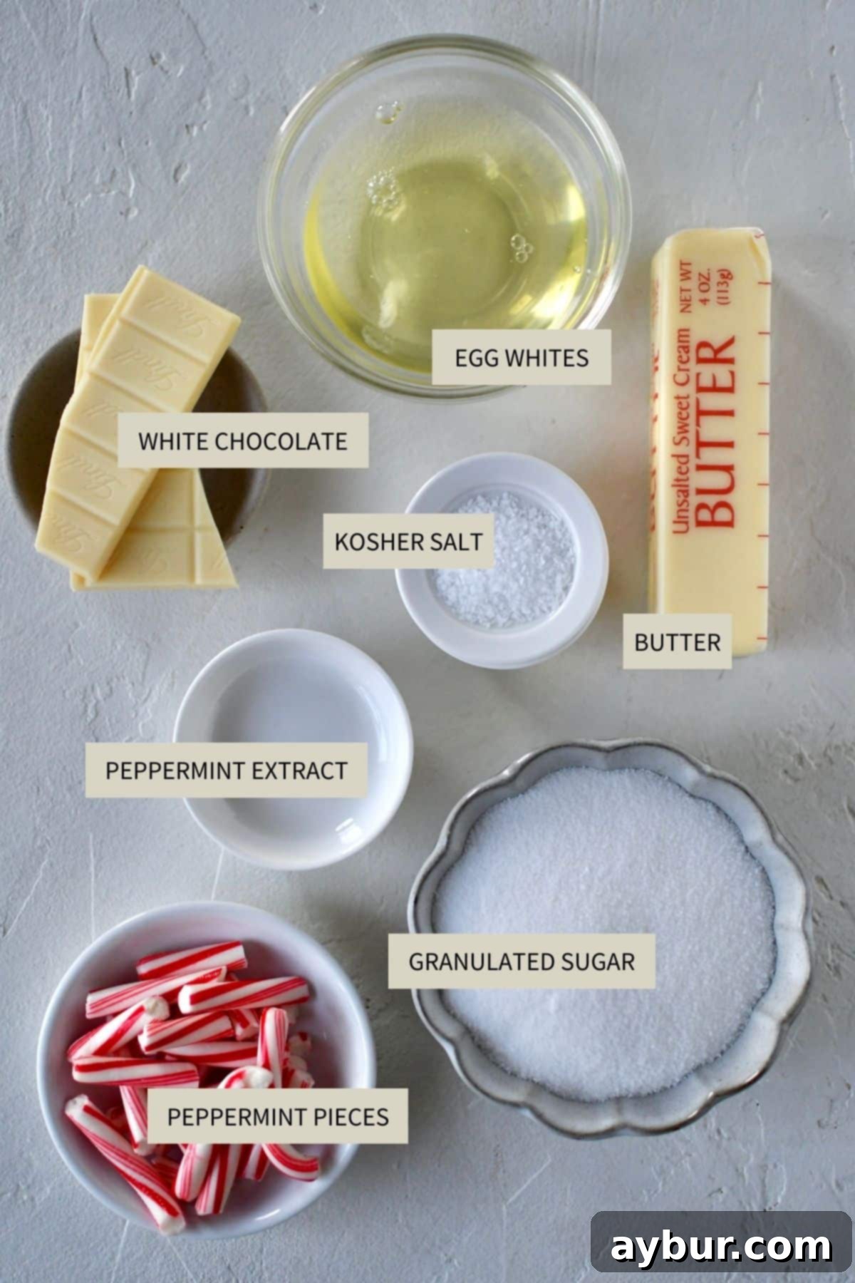 Peppermint Chocolate Delights 4 Ingredients for the peppermint marshmallow cream filling, including butter, eggs, sugar, and peppermint extract.