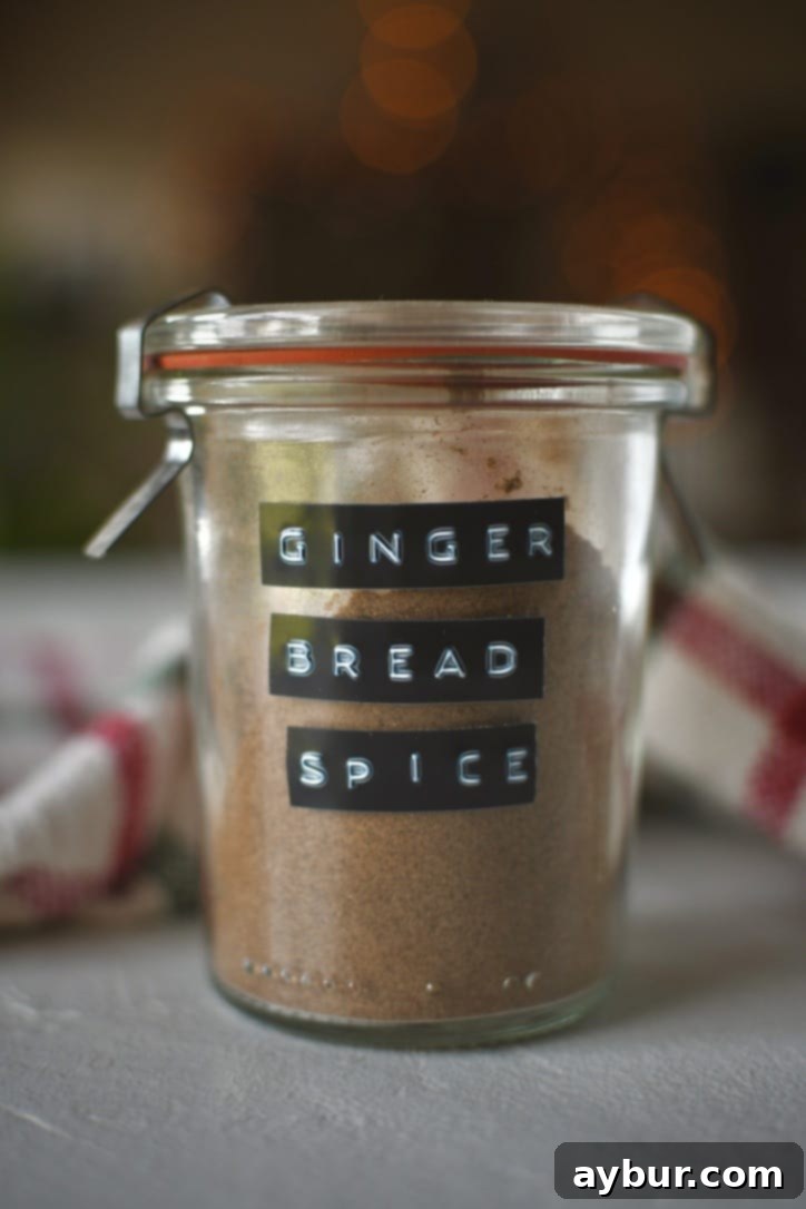A jar of homemade gingerbread spice mix, ready for use, with a measuring spoon resting on its rim.