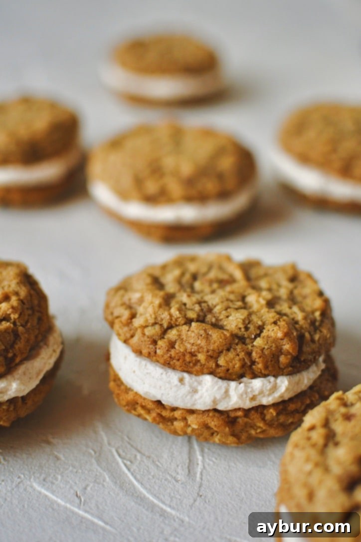 Festive Gingerbread Oatmeal Cream Pies 14 Assembled Gingerbread Oatmeal Cream Pies, freshly sandwiched together with creamy filling, ready to be enjoyed.