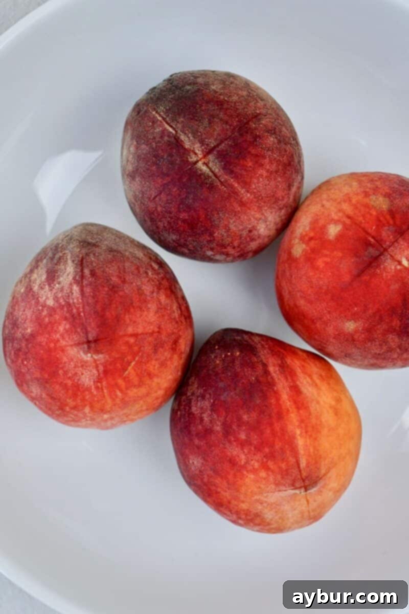 Delicious Homemade Peach Jam 4 Whole peaches before blanching with an x scored into the bottom of each.