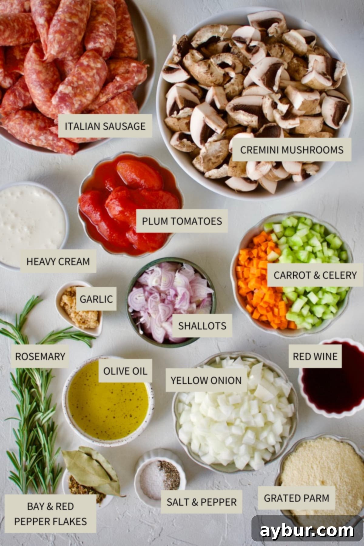 A beautifully arranged spread of fresh ingredients laid out on a wooden board, including shallots, yellow onions, crimini mushrooms, celery, carrots, garlic cloves, Italian sausage links, red wine, canned San Marzano tomatoes, bay leaves, rosemary sprigs, red pepper flakes, parmesan cheese, and heavy cream, all ready for making Sausage Bolognese.